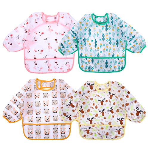 Accmor 4 Pack Long Sleeve Baby Bibs, Waterproof Sleeved Bib, Toddler Soft Bib for 6-36 Months
