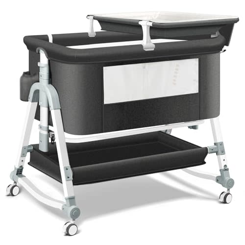 Uuoeebb 4 in 1 Bedside Bassinet for Baby, Portable Baby Bassinets with Wheels, Baby Crib with Changing Station, Mattress Included and Storage, Foldable Travel Bassinet for Baby/Infant/Newborn- Black