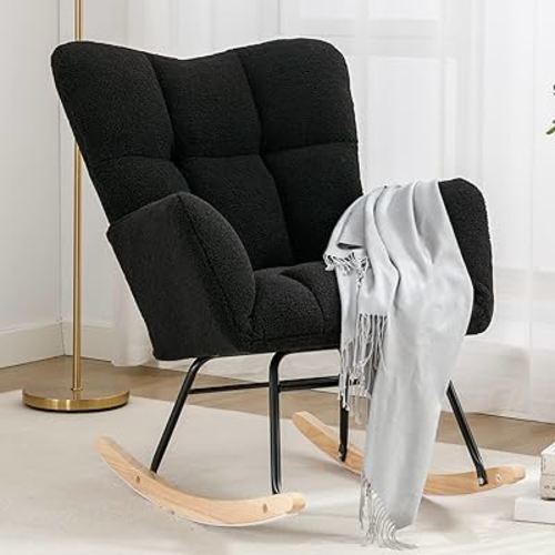 NIOIIKIT Black Teddy Relaxing Rocking Chair | Upholstered | Padded Seat, High Backrest, Armchair, Comfy
