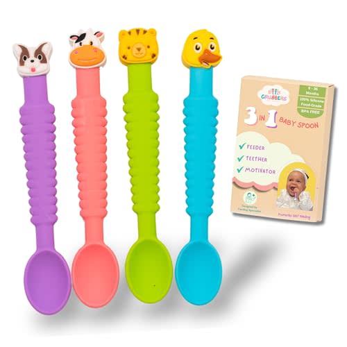 Little Grubbers 3-in-1 Silicone Baby Spoon Self Feeding 6+ Months - Teether Spoon, Pediatric OT Approved, Safe Non Toxic Toddler Utensils, Mess-Free, Fun for Baby Led Weaning Supplies, 4 Pack