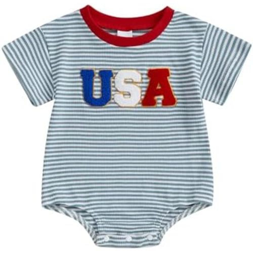 Infant Baby Boy Girl 4th of July Outfit Usa Embroidery Romper Striped Short Sleeve Bodysuit Summer Bubble Clothes