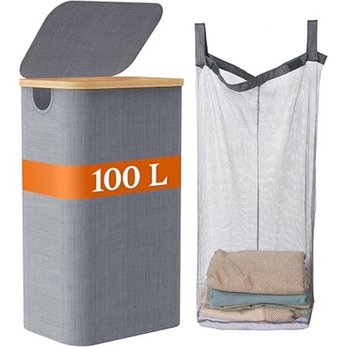 Laundry Hamper with Lid, Large Tall Clothes Basket Bin with Bamboo Handles, Collapsible Laundry Hamper for Bedroom, Bathroom, Dorm, Laundry Room, 100L Grey