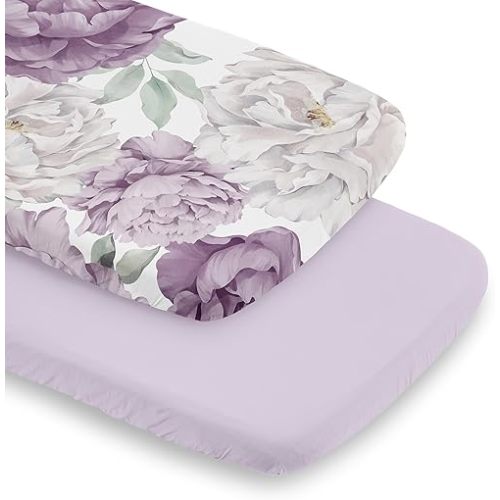 Sweet Jojo Designs Boho Shabby Chic Floral Girl Baby Bassinet Sheets Fitted Sheet Set Infant Newborn Nursery Oval Rectangle Hourglass Mattress 2p Purple Off White Ivory Bohemian Vintage Watercolor
