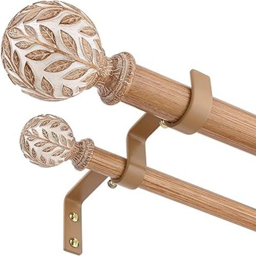 Wood Double Curtain Rod, Boho Decorative Long Dual Curtain Rods for Windows 84 to 120 Inch, 1" Adjustable Heavy Duty Double Rod, Unique Handmade Imitation Wood Grain Leaf Finial Design