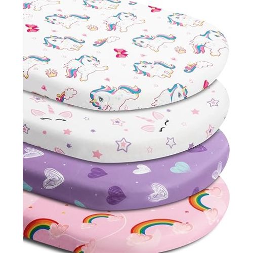 4 Pack Soft Baby Girl Bassinet Sheets for Bassinet Mattress Unicron Rainbow Heart Cute Neutral Polyester Unisex Fitted Bassinet Sheets Set for Baby Girls