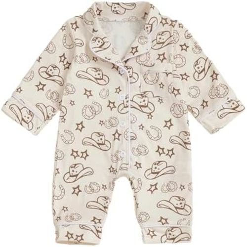 Western Baby Boy Girl Clothes Newborn Button Down Pajamas Romper Lapel Jumpsuit Cute Infant Sleepwear One-Piece Pjs