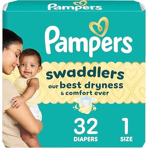 Pampers Swaddlers Diapers, Size 1 (8-14 lbs), 32 Count, Hypoallergenic, Absorbent, Keeps Baby Dry and Comfortable, Skin Safe Disposable Newborn Baby Diaper