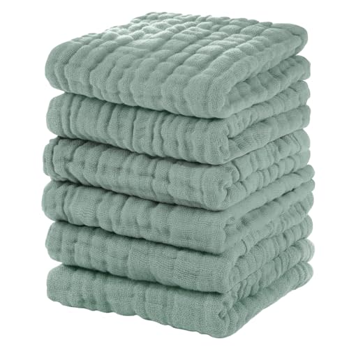 Unnivoll Muslin Baby Washcloths 6 Pack, 100% Cotton Wash Cloths for Babies, Large 12''X12'' Burp Cloths Absorbent and Soft for Newborn Infants Kids Boys Girls - Dark Green