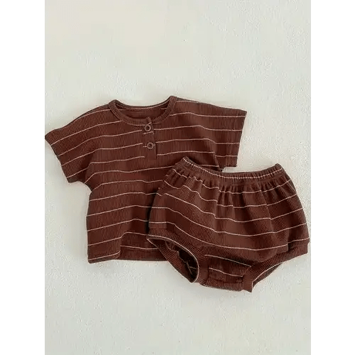 2pcs Baby's Button Decor Striped T-shirt & Casual Shorts, Toddler & Infant Boy's Clothing Set For Summer