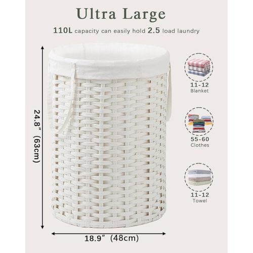 Laundry Basket Round Rattan Laundry Hamper 29.1 Gal (110 L) Handwoven Large Wicker Basket with Handles, Wicker Hamper with Removable Bags and 2 Mesh Bags for Bathroom Living Room White