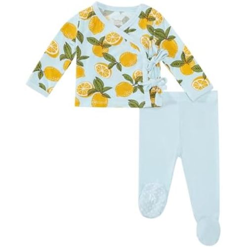 Newborn Baby Boys Clothes-Viscose Made from Bamboo, Long Sleeve Kimono Top and Footed Pants Set Soft Outfits