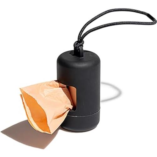 Wild One Dog Poop Bag Holder and Dispenser with Leash Attachment, Leak Proof, Easy Twist Top for Refills, Includes 1 Roll Poop Bags, Black