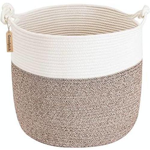 Goodpick Woven Storage Basket, Small Laundry Basket for Clothes 15 x 14.2 Inches, Toy Storage Basket, Rope Basket for Blanket, Wicker Basket for Storage, Brown