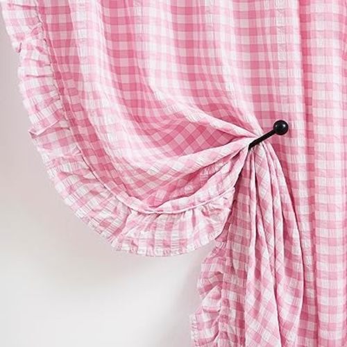 ZJDECOR Light Pink Buffalo Plaid Ruffle Curtains for Girls Room,63 Inch Crinkled Not-See-Through Sheer Drape,Shabby Chic Window Treatment for Bedroom Living Room Nursery,Rod Pocket,40"Wx63"L,Pack of 2
