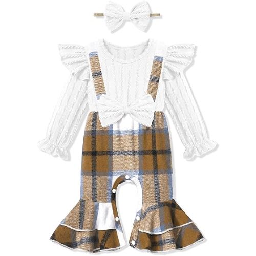 Queenstyle Newborn Baby Girl Clothes Romper Long Sleeve Ruffle Jumpsuit Cute Infant Girl Fall Winter Outfits with Headband