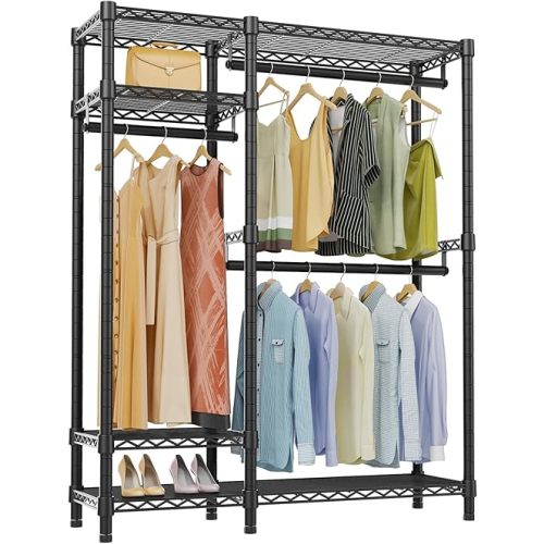 VIPEK V2S Garment Rack Heavy Duty Commercial Grade Rack, 4 Tiers Adjustable Wire Shelving Clothing Racks with 3 Hanging Rods, Freestanding Closet Metal Wardrobe Closet, Max Load 800LBS, Black