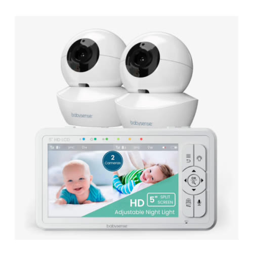 Babysense 5.5” 1080p Full HD Split-Screen Baby Monitor, Video Baby Monitor with 2 Cameras and Audio, 6-Color RGB Night Light, 1000ft Range, Two-Way Audio, 4X Zoom, 5000mAh Battery - 5.5 inch 2 Cams