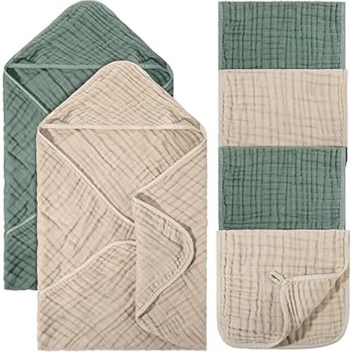 6 Pcs Baby Muslin Hooded Bath Towels and Washcloths, 32 x 32 Inch Muslin Cotton Hooded Baby Towels Absorbent Hooded Blankets for Gift Newborn Infant Baby Shower (Beige,Green)