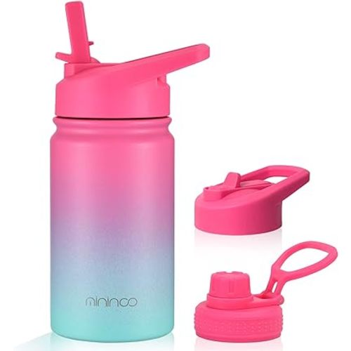 Mininoo Insulated Kids Water Bottle, 12 oz Stainless Steel Water Bottle Kids with Straw Lid and Chug Lid for Girls, Boys (Punch/Green)