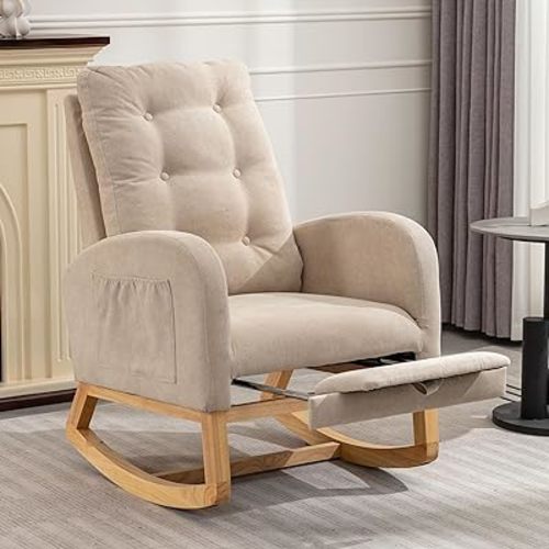 Accent Rocking Chair with Footrest, Nursery Rocking Chairs with Side Pocket/Rubber Wood Legs, Upholstered High Back, Armchair Lounge Reclining Chair for Living Room Baby Room Bedroom (Beige)