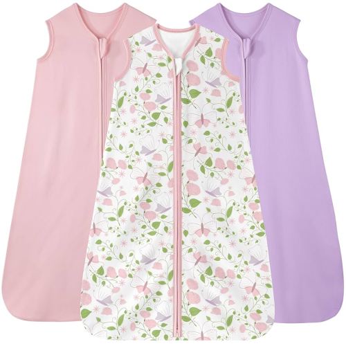 Baby Sleep Sack 0-6 months, 100% Cotton Sleeping Sack for Newborn and Infant, 3 Pack Baby Wearable Blanket, 0.5 Tog Lightweight Double Zipper Sleep Bag Pink Butterfly