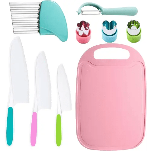 9 Pcs Kid Safe Knives Cooking Set, Montessori Kitchen Tools for Toddlers，Kids Cooking Sets Real，Serrated Edges Toddler Knife Kids Knives for Cooking & Cutting Fruit, Bread, Vegetable