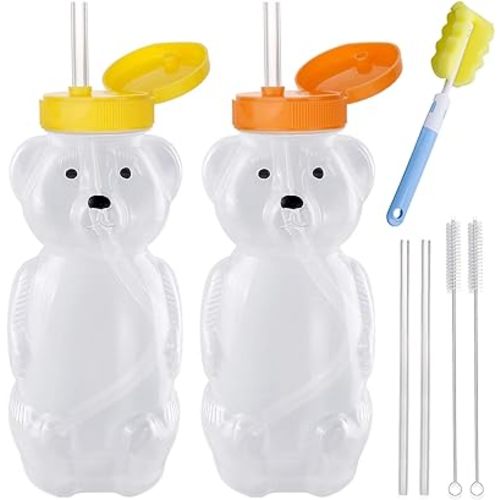 Raoendis Honey Bear Straw Cups with 4 Flexible Straws & Cleaning Tools, 8-Ounce Therapy Sippy Bottles for Speech and Feeding Training, Leak-Proof & Food-Grade & BPA Free 2 Pack