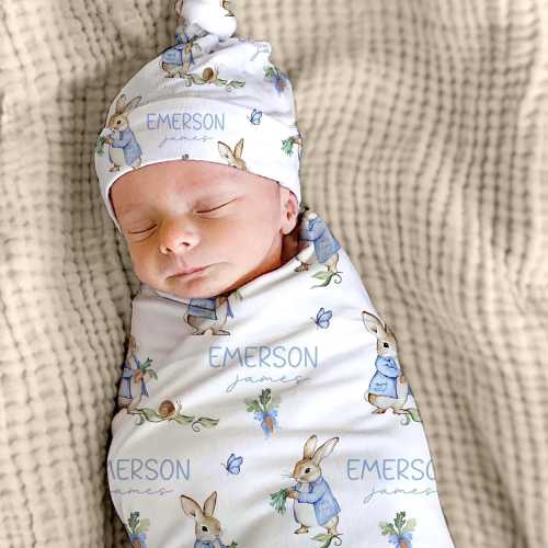 Peter Rabbit Baby Blanket: Personalized Swaddle, Hat & Nursery Pillow