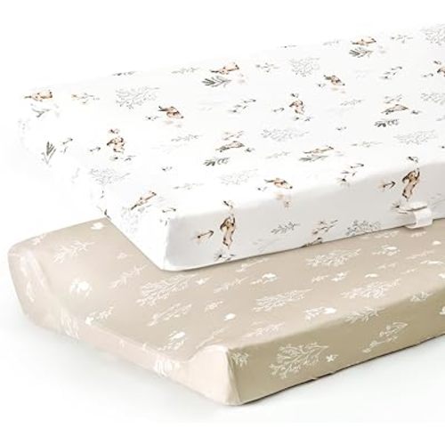 GRSSDER Stretch Ultra Soft Jersey Knit Changing Pad Cover Set 2 Pack, Change Table Pad Covers Fit 32"/34" x 16" Pads Safe and Snug, Pretty Pattern for Boys and Girls, Stylish Watercolor Rabbit Pattern