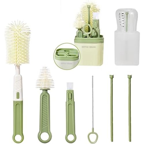 Baby Bottle Brush Set-Travel Essential-6 in 1 Portable Travel Bottle Cleaner Kit with Silicone Brush, Drying Rack, Nipple Brush, Straw Brush, Bottle Mouth Brush, Storage Box for Home and Travel, Green