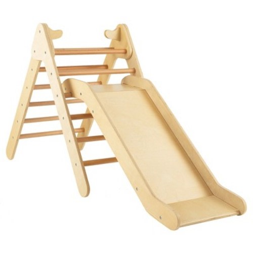 Costway 2-in-1 Wooden Climbing Triangle Set Triangle Climber w/ Ramp, Color: Natural