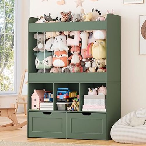 51.7" H Toy Storage Organizer with Stuffed Animal Storage, Wooden Kids Bookshelf with 2 Movable Toy Storage Bins and 3 Storage Cubes, Tall Book Shelf for Kids Room, Playroom, Nursery, Green