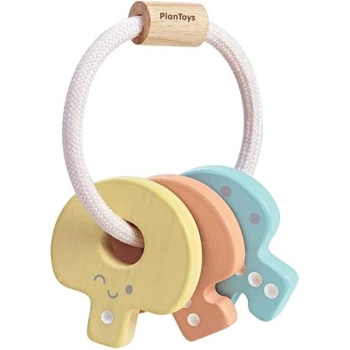 PlanToys Wooden Key Rattle and Teether Toy (5251) | Pastel Color Collection | Sustainably Made from Rubberwood and Non-Toxic Paints and Dyes