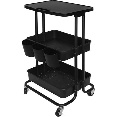 3 Tier Rolling Cart Kitchen Storage with Tabletop, Metal Black Utility Storage Organizer with 3 Cup Holders and Hooks, Multifunctional Mobile Cart for Classroom,Office,Makeup Organizing