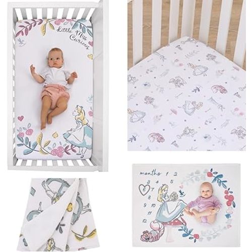 Disney Alice in Wonderland Blue, Pink, and White 4-Piece Nursery Set – Fitted Crib Sheet, Photo Op Sheet, Plush Sherpa Blanket & Milestone Blanket