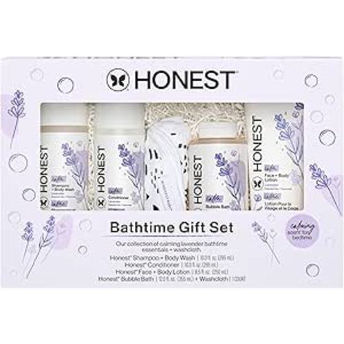 The Honest Company Calming Lavender Bathtime Gift Set | Hypoallergenic Bath Essentials for Sensitive Skin | Shampoo + Body Wash, Face + Body Lotion, Bubble Bath, Conditioner, Wash Cloth