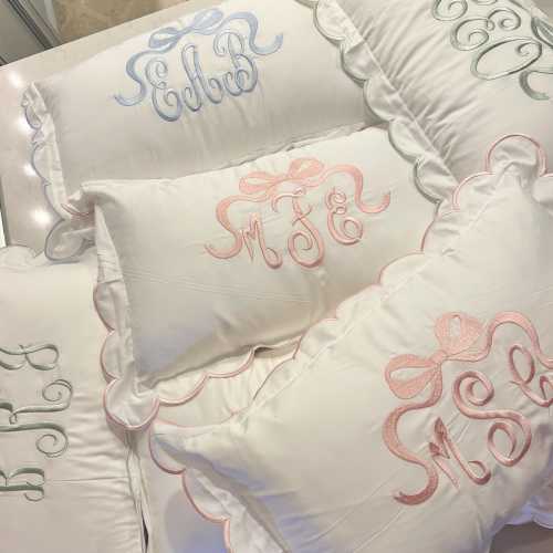 Embroidered Monogram Baby Pillow: Scalloped Edge Cotton Nursery Decor