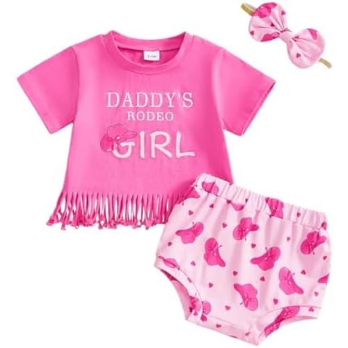 Western Baby Girl Clothes Summer Short Sleeve Letter Tassel T Shirt Romper Bloomer Shorts Set Infant Country Outfit