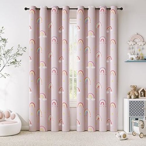 Vangao Boho Girls Blackout Curtains Pink for Kids Room 84 Inch Length, Rainbow Window Drapes for Living Room Nursery Thermal Grommet Insulated Room Darkening Curtains Bedroom, 2 Panels