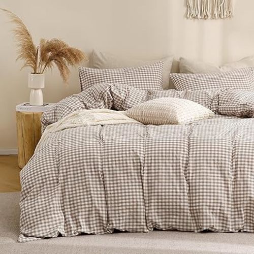TOCOMOA Tan Gingham Duvet Cover Bedding Set 100% Washed Cotton 3 Piece Set - QUEEN