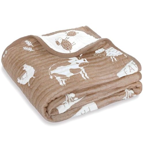 BOPRIO Ultra Soft Muslin Baby Blanket 6 Layers Neutral Swaddles Bed Blankets with Lovey Animal Design for Newborn Babies Kids Toddlers 43 x 43 Inch (Brown Woodland)