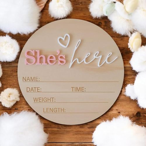 Amazon.com: Axahuhavn Wooden Birth Announcement Sign, 6 Inch Round Plaque, She’s Here or He's Here Announcement Plaque, Baby Newborn Announcement | Hello World Sign (She) : Home & Kitchen