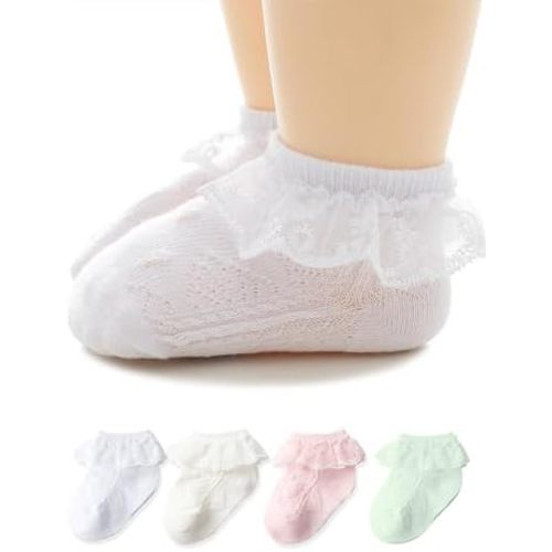 Newborn Baby Girls Lace Socks for Infant Ruffle Eyelet Princess, Cotton, 4 Pack