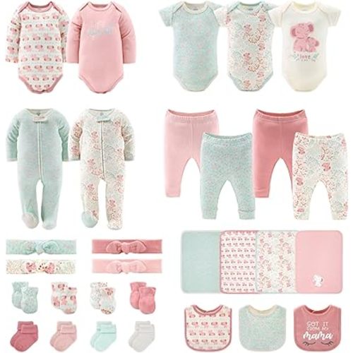 The Peanutshell Baby Layette Gift Set for Baby Girls - 30 Piece New Born Baby Girl Gift Set, Baby Clothes & Newborn Essentials Must Haves - Newborn Baby Girl Clothes 0-3 Months - Floral Elephant