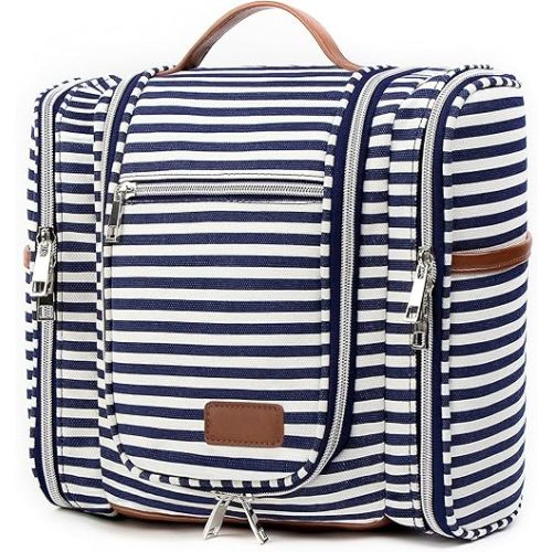 Hanging Toiletry Bag for Women, Large Makeup Cosmetic Bag, Water Resistant Toiletries Travel Essentials Organizer, Full-size Container, Navy-striped