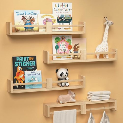 24 Inch Nursery Book Shelves, Floating Shelves Set of 4, Wall Mounted Hanging Shelves for Kids Room Wall, White Wall Shelf, Baby Book Shelves for Kids Bedroom Decor Organizer - Natural Wood