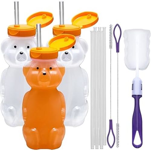 Special Supplies Honey Bear Straw Cup Long Straws, Squeezable Therapy and Special Needs Assistive Drink Container, Spill Proof and Leak Resistant Lid (Pack of 3 Bottles and 6 Straws)