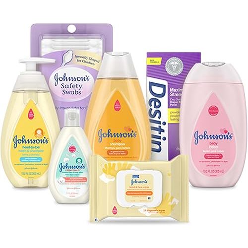 Johnson's Bath Discovery Gift Set for Parents-to-Be, Caddy with Baby Bath Time & Skin Care Essentials, Bath Kit Includes Baby Body Wash, Shampoo, Wipes, Lotion & Diaper Rash Cream, 7 Items