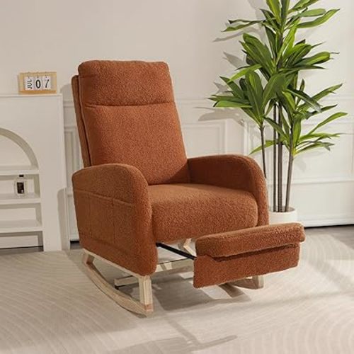 Rocking Chair Nursery with Foot Rest, Sherpa Nursing Rocking for Mom Nursery Rocker Chair with High Backrest, Armchair Rocker Glider with Side Pocket for Living Room, Bedroom, Teddy Brown