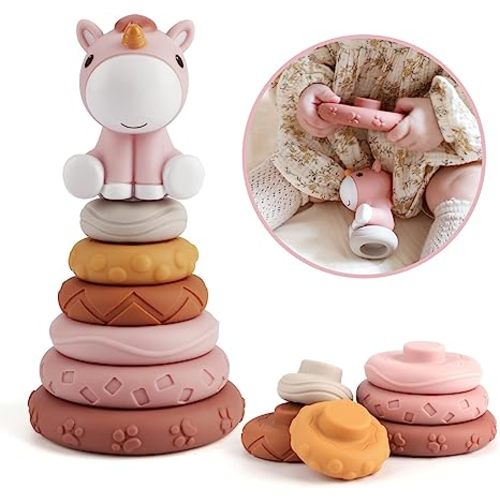 Nueplay 7 Pcs Stacking & Nesting Baby Toys, Squeeze Teething Baby Toys and Building Circle with Pink Horse Figure, Newborn Essentials for 6 12 18 Months Baby Toddler Girls - Classic Edition